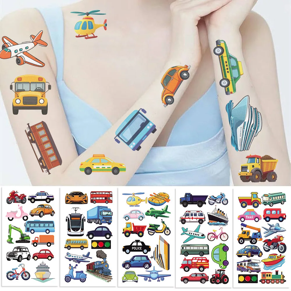 10Pcs Cartoon Car Airplane Temporary Tattoos Sticker Cute Transport Ship Tattoos For Girls Boys Birthday Party Supplies Favors