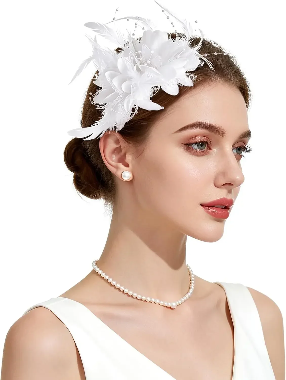 Sombreros Fascinators para Mujer, Sombreros para Fiesta de Té, Diadema con Plumas y Perlas para Vestidos de Cóctel y Bodas, Accesorios