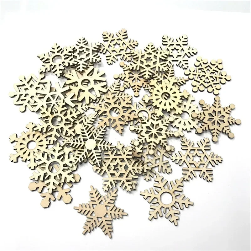 200PCS Unfinished Natural DIY Wood Slice Xmas Ornaments Cut Wood Slices Tags Snowflake Cutout for Holiday Wood DIY Crafts