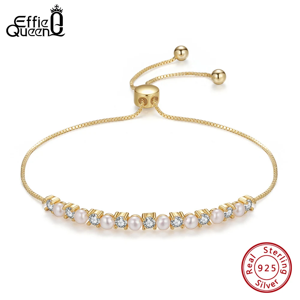 EFFIE QUEEN 925 Sterling Silver Zircon Bracelet for Women Natural Pearls Beads Adjustable Handmade Simple Birthday Gift GPB21