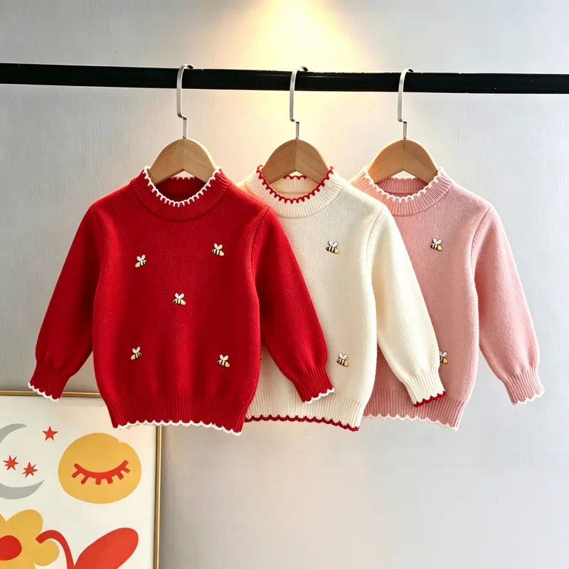 Adorable Nature-inspired Knit Sweaters for Student Charming Cartoon Bee Pattern Kids Girl Knitting Tops Winter Clothes JY10073