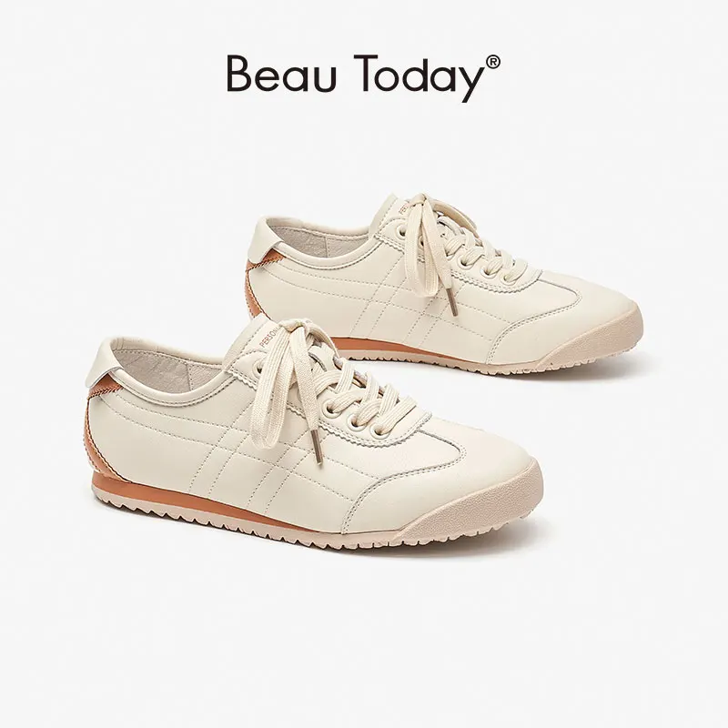 BeauToday-sapatos de couro sintético vulcanizar para mulheres, dedo do pé redondo, com renda, tênis femininos casuais, feitos à mão, 29818