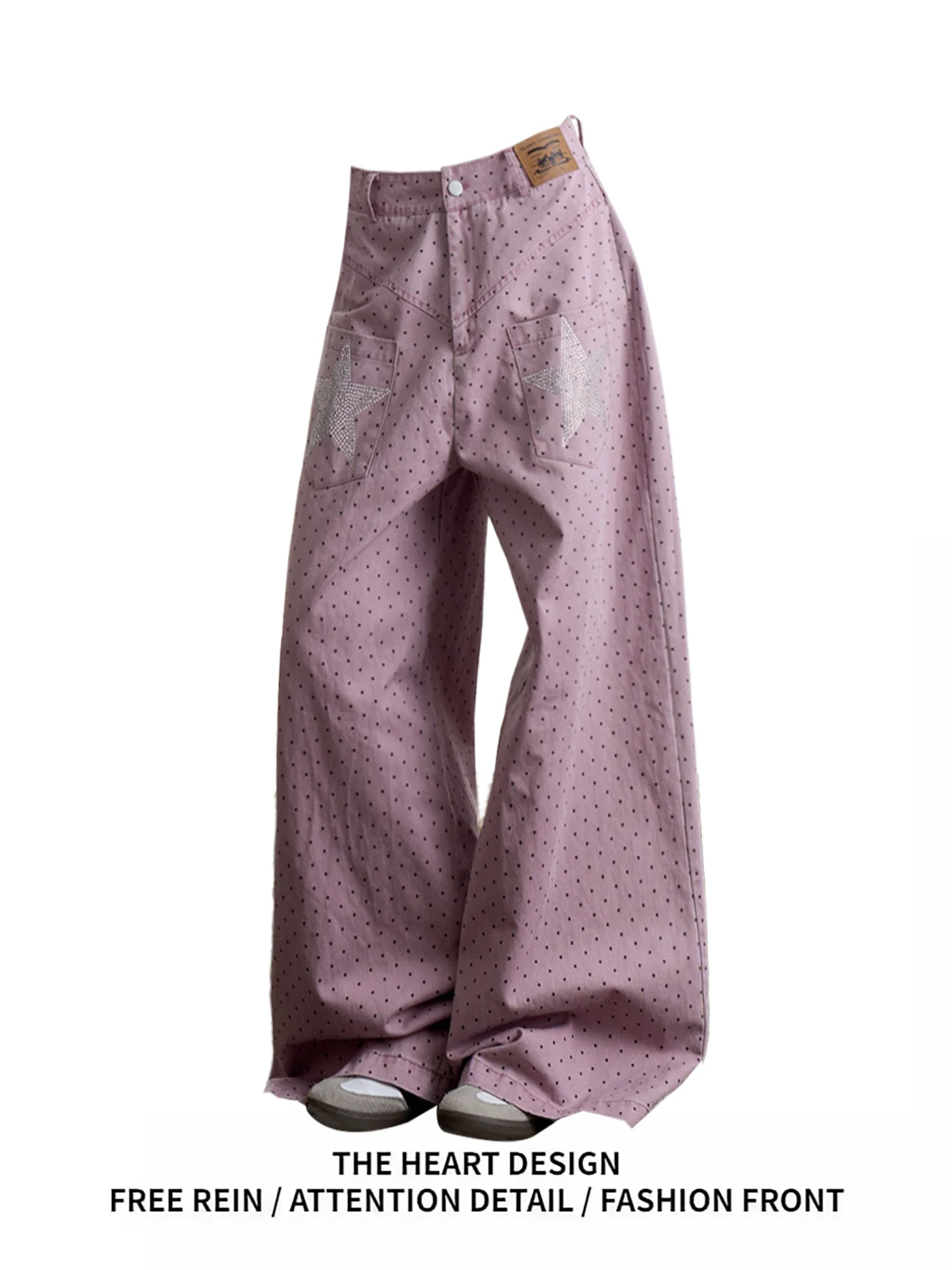 

Dopne Pink Polka Dot Rhinestone Denim Pants Women's Loose Straight Leg Wide Leg Pants Spring New Design Casual Cotton