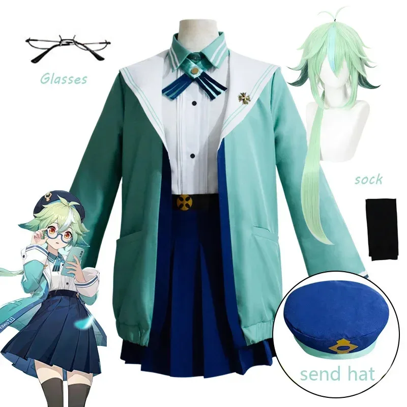 

Костюм для косплея Sucrose, аниме Genshin Impact Jk, униформа, шляпа, очки, носки, украшения, наряд для вечеринки на Хэллоуин для женщин, полный комплект