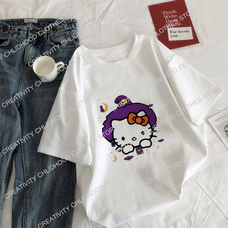 Sanrio Halloween T-shirt Women Hello Kitty Tee Shirts Kawaii Cartoons Anime Casual Clothes Fashion Cotton Unisex Streetwear Tops