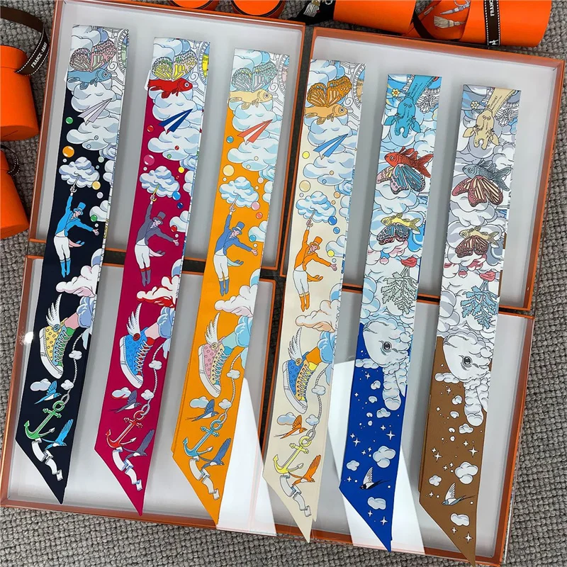 100% Silk High Quality Luxury Brand Scarf Women Headband Hair Band Foulard Tie Ribbon Neckerchief Skinny Scarves Accessories