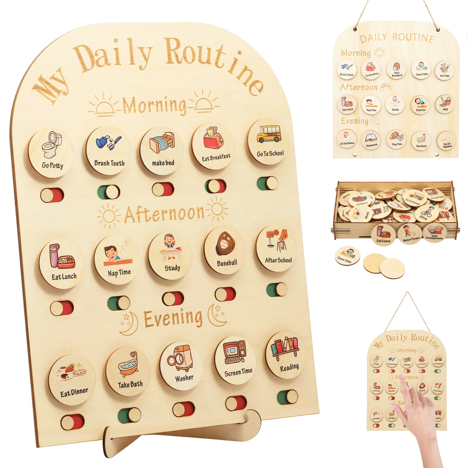 Wooden Daily Routine Chart Kids Visual Schedule Routine Chart Toddlers Morning Bedtime Routine Chart Toddlers Wooden Chore Chart