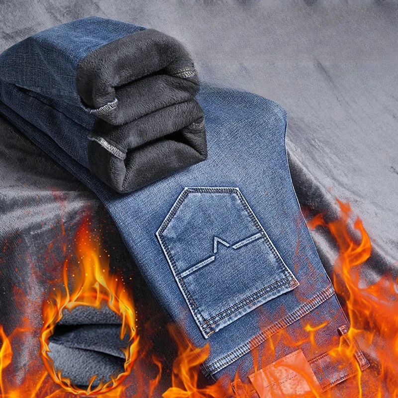 Fashionable Trendy Men's Winter Plush Fleece Thick Jeans Straight Washed Cotton Elastic Warm Denim Pants Casual Daily Trousers