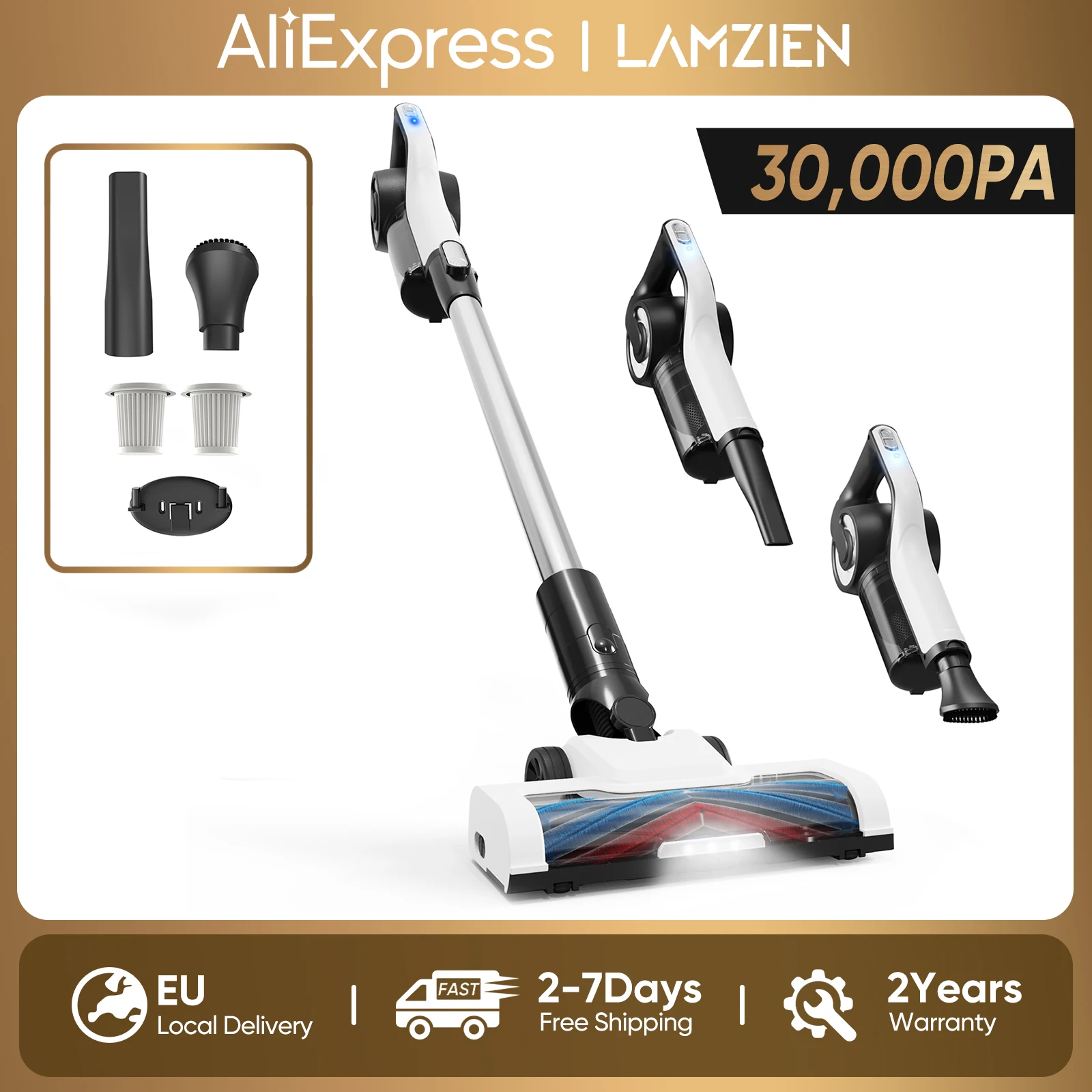 LAMZIEN V9 draadloze stofzuiger, 30000PA/40 minuten looptijd, efficiënte HEPA-filtratie, met LED-koplamp, lichtgewicht handstofzuigers voor dierenharen, tapijt en hardhouten vloeren