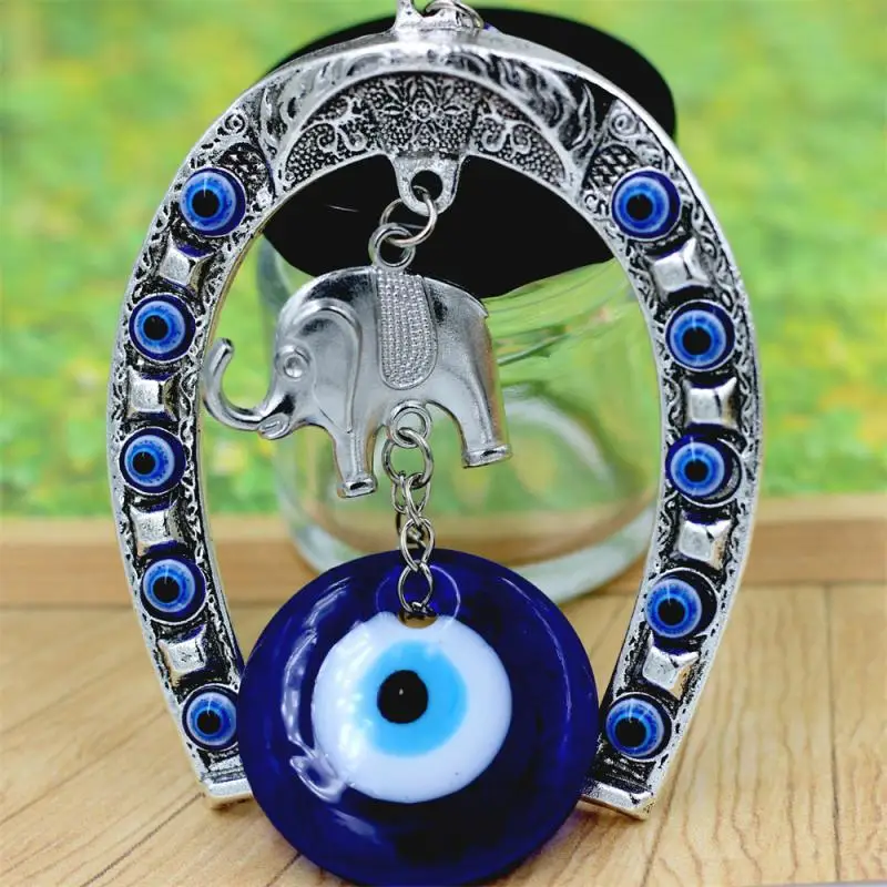 Turkish Blue Eye Amulet Horseshoe With Elephant Ribbon Ethnic Wall Hanging Lucky Pendants Wind Chimes Home Car Decoration Gift