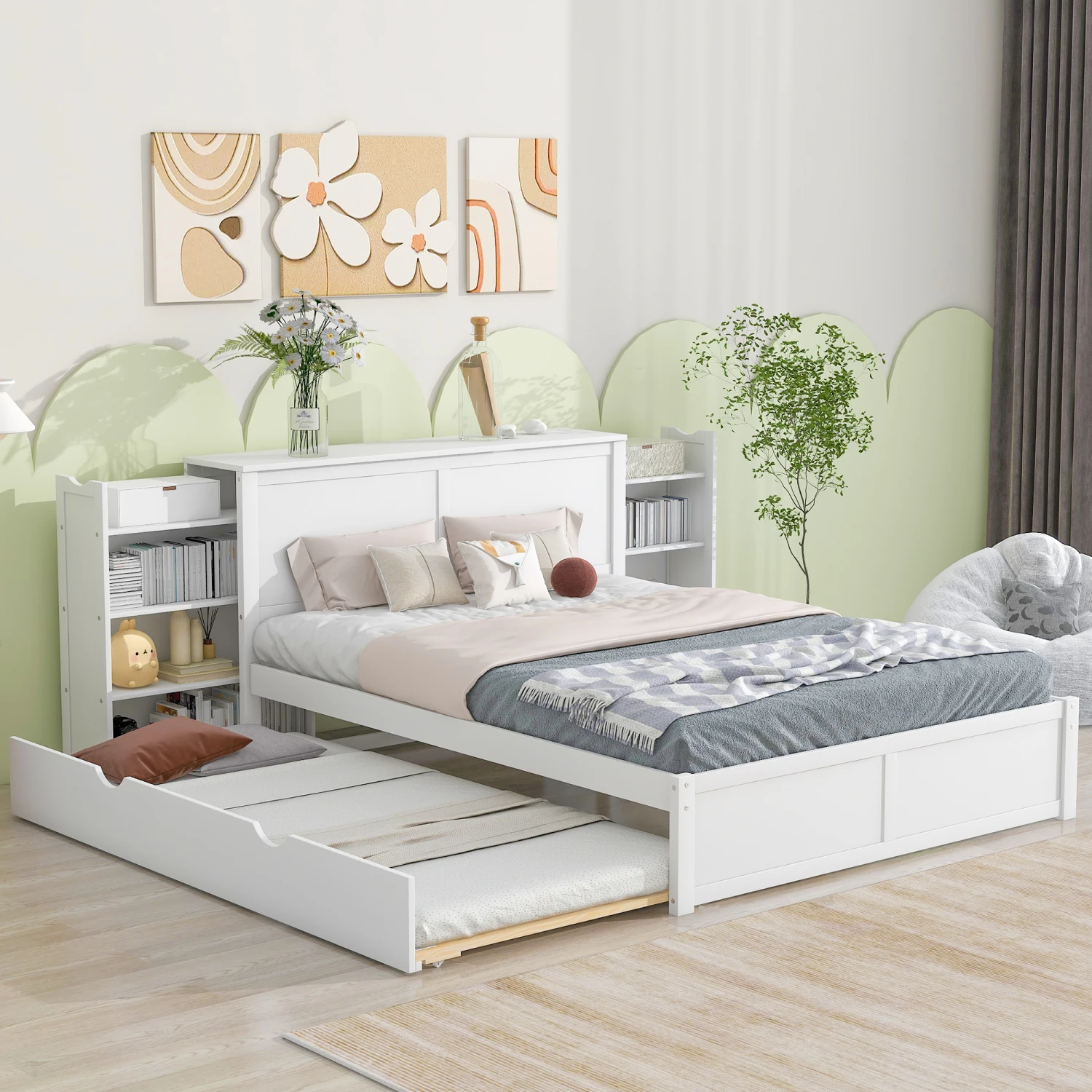 

Queen Size Storage Platform Bed with Pull Out Shelves and Twin XL Size Trundle, White