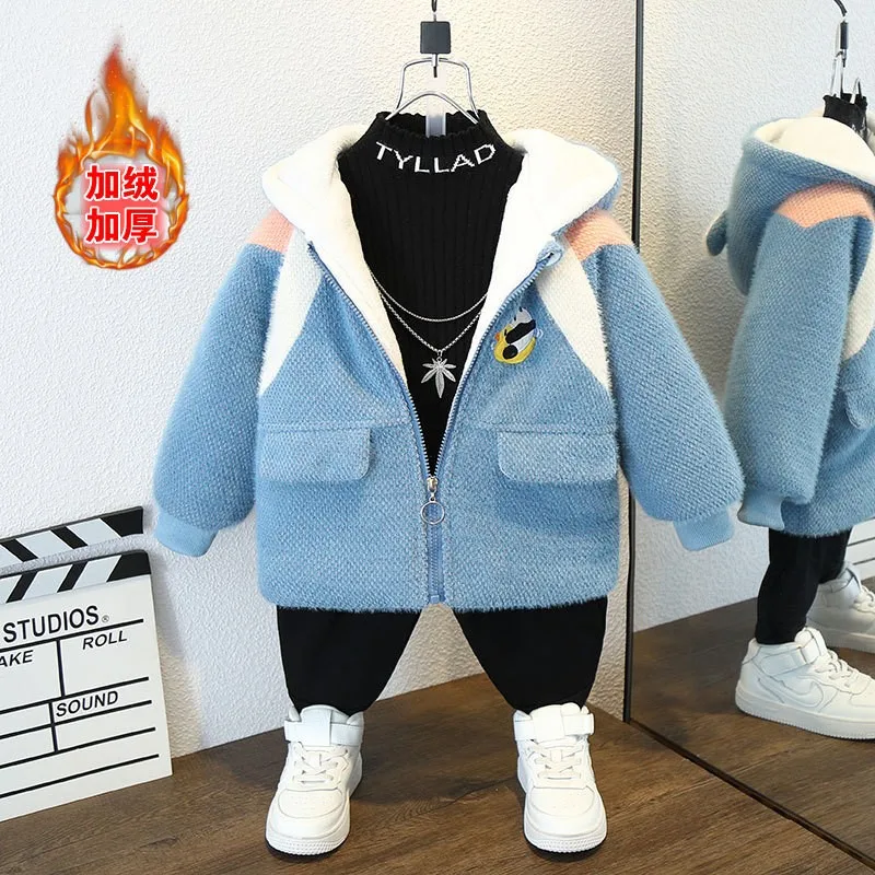 Winter Add Velvet Thick Warm Jackets Boys Cartoon Panda Coat Girls Sports Casual Windbreaker Outerwear Kids Christmas Clothes