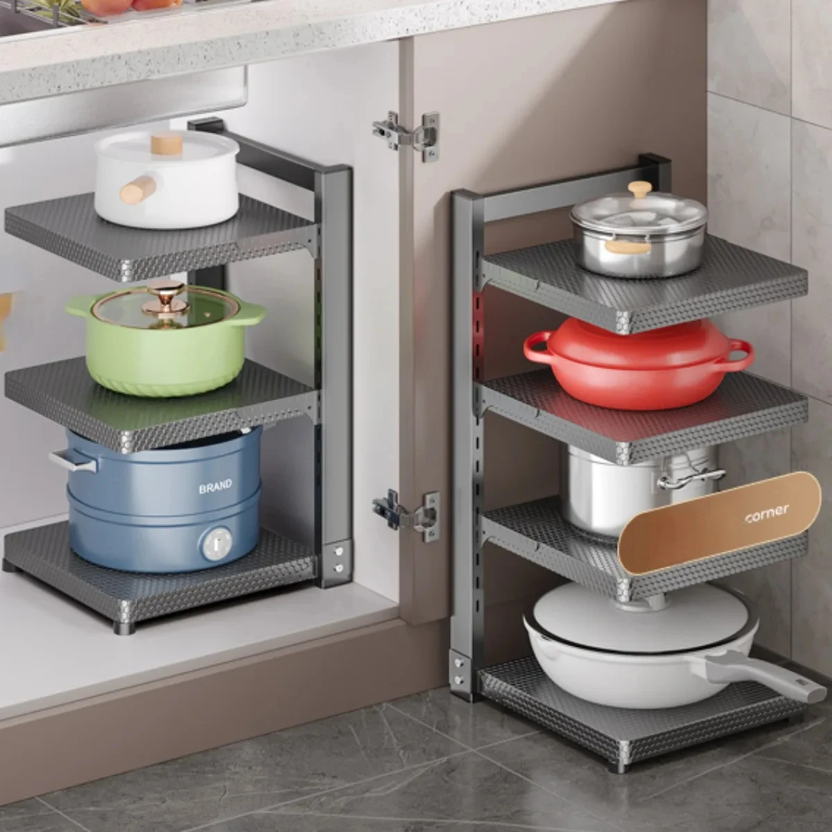 

Multi-layer Pot Rack Adjustable Cabinets Storage Rack Kitchen Under Sink Storage Shelf Layered Corner Closet Organizer Household