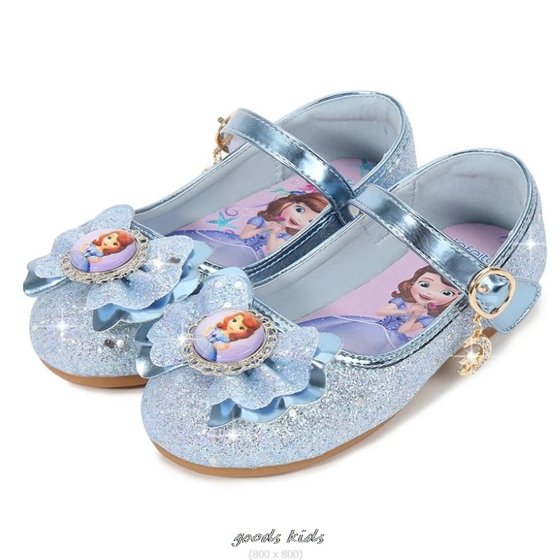 Princess Kids Leather Shoes for Girls Sofia Casual Glitter Children Flat Heel Girls Shoes Butterfly Knot Blue Pink Size 26-36