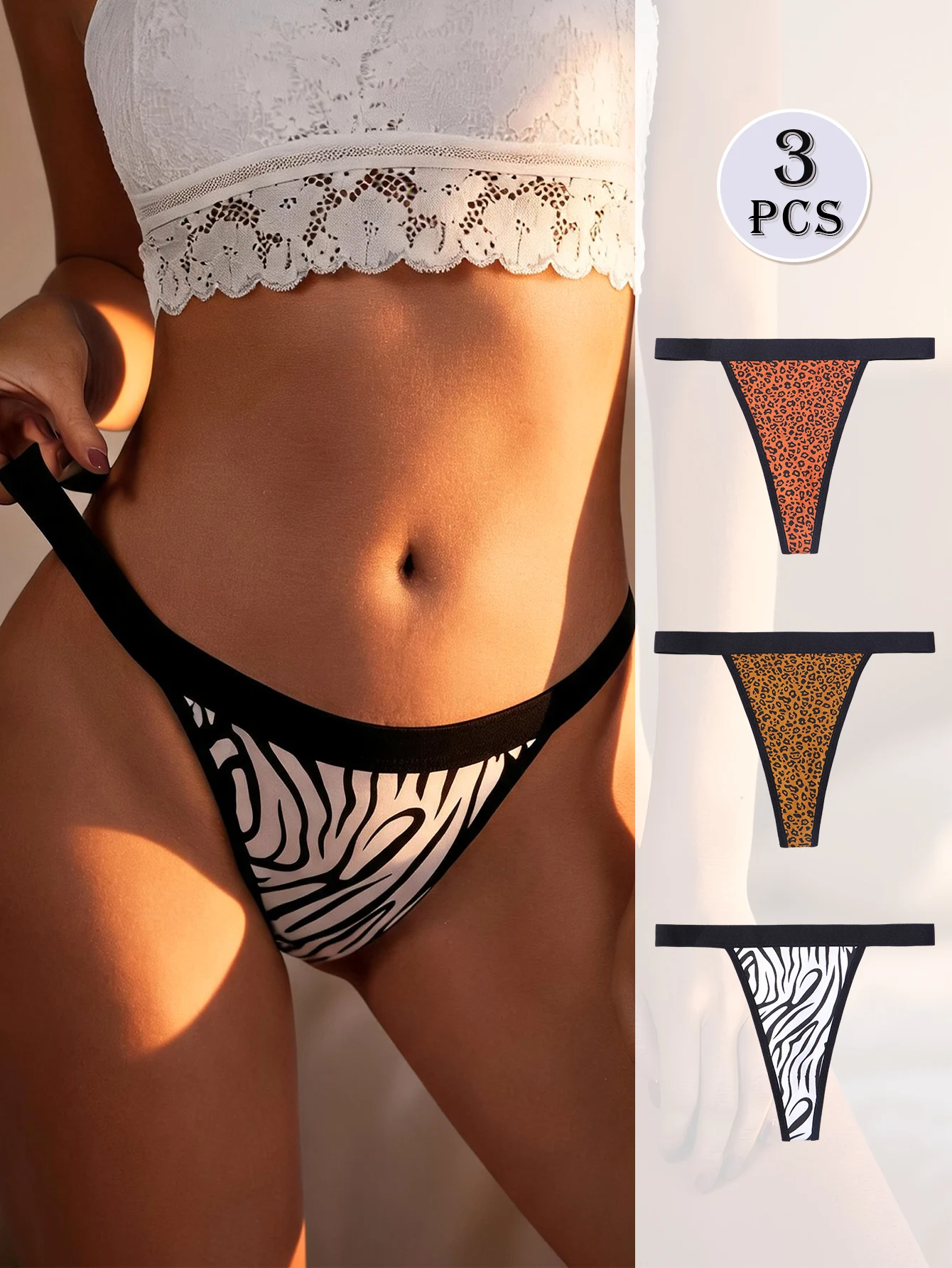 BANNIROU 3-Piece Set Women's Sexy Low-Waist Cotton Print Thong Underwear, Comfortable and Stylish, Perfect for Everyday Wear