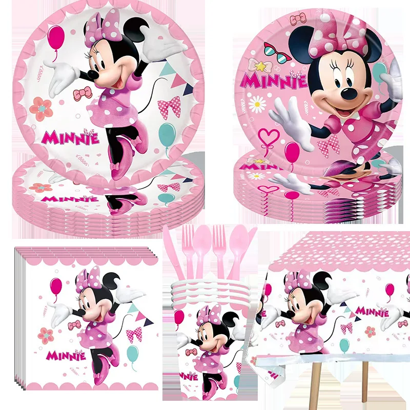 

Disney Birthday Party Supplies Minnie Mouse Party Decorations Tableware Set-Plates Napkins Cup etc Minnie Party Tableware 93pcs