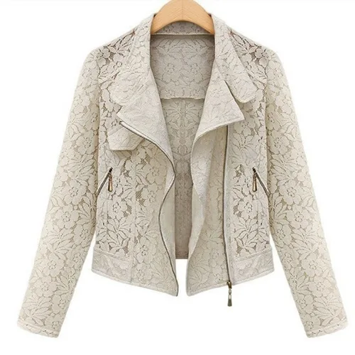 Imagen 2 del producto Chaqueta hueca de encaje para mujer primavera otoño nuevo traje adelgazante prendas de vestir abrigo corto de ocio cremallera bolsillos empalmados Tops para mujer