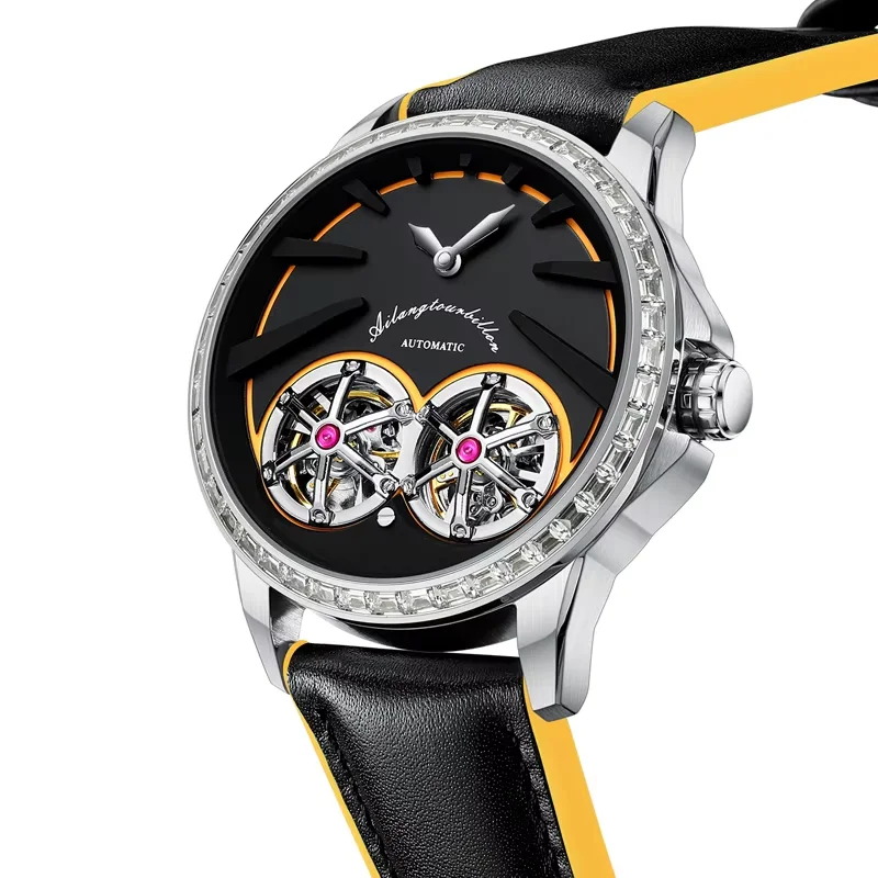 Domed Holographic Glass with Anti Glare AI LANG Fashion Watch Mechanic Automatic Double Tourbillon High-end Leather Wristwatch