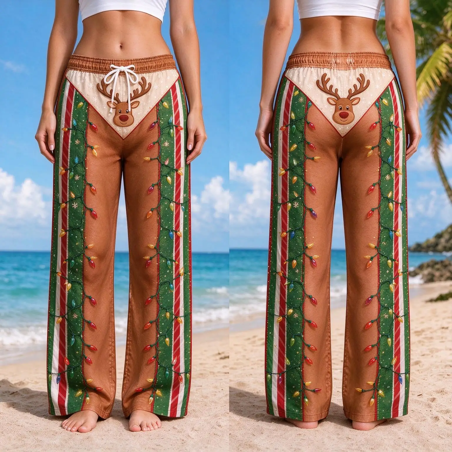 Women Christmas Optical Illusion Print Wide Leg Pants, Fake Underwear Pattern Drawstring Casual Holiday Trousers