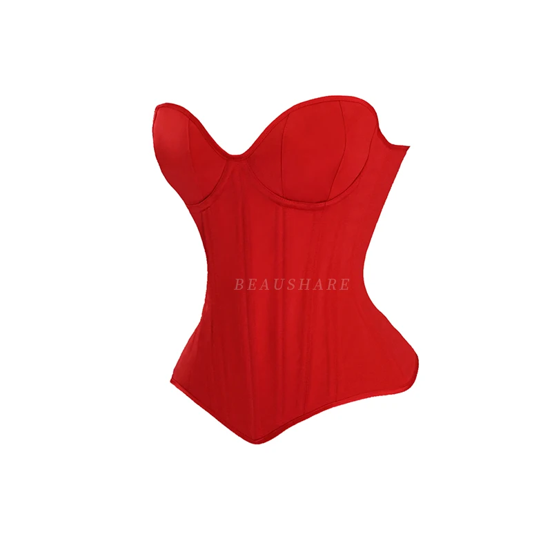 女性コルセットビスチェカップオーバーバストヴィンテージボディスタイトレースアップダブル骨太整形トップスウエストチナー結婚式サテンレッド
