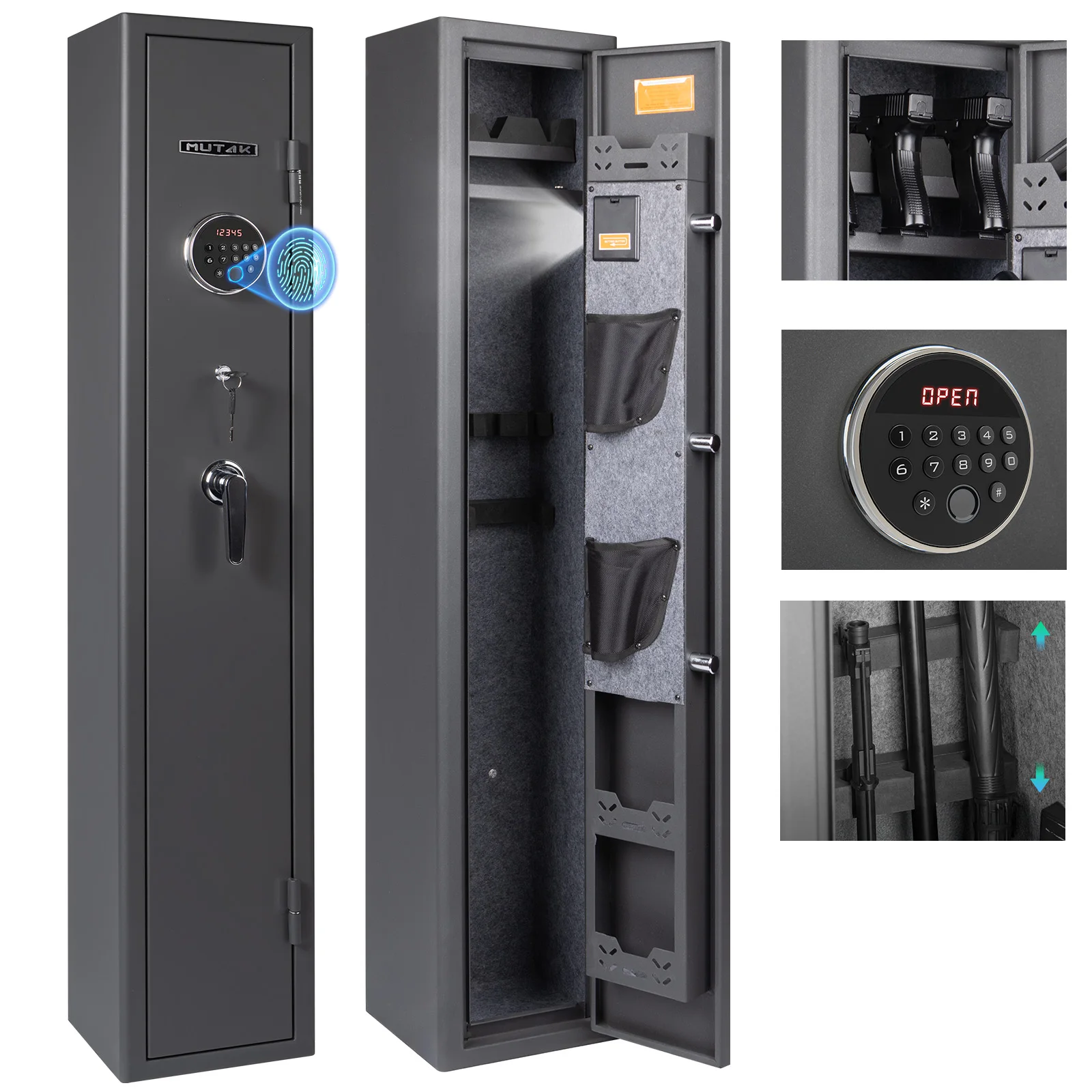 Mutak 3 Biometric Gun Safe for Home Rifle and Pistols,Figerprint Gun Safe Quick Access Gun Cabinet w/ Gun Rack Pistol Bag