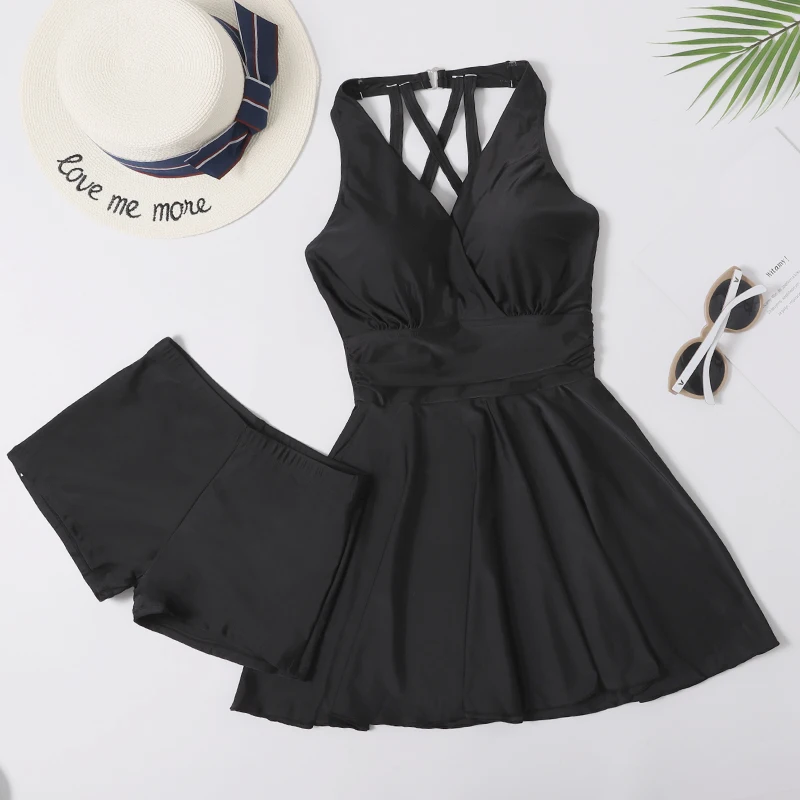 

Консервативный летний термокупальник для полных девушек с V-образным вырезом, юбкой и стальными вставками для поддержки груди