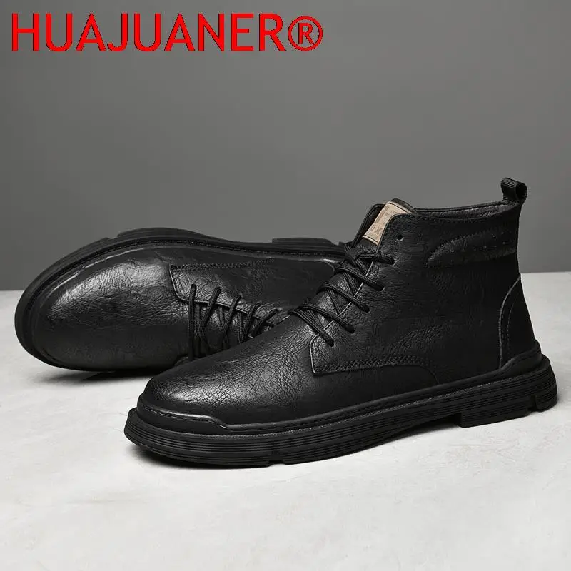 Genuine Leather Black Mens Boots Fashion Designer Mens Shoes Winter Fur Lace-Up Male Ankle Boots Lightweight Motorcycle Boots