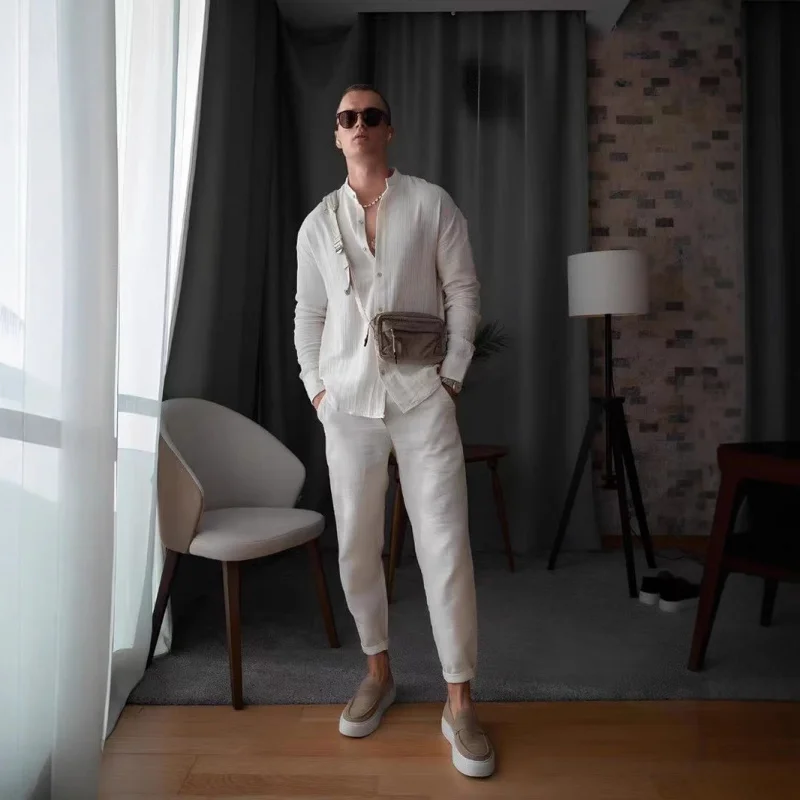 2025 European and American casual and simple business long Pants and shirt 2-piece set Long-sleeved mature men's suit