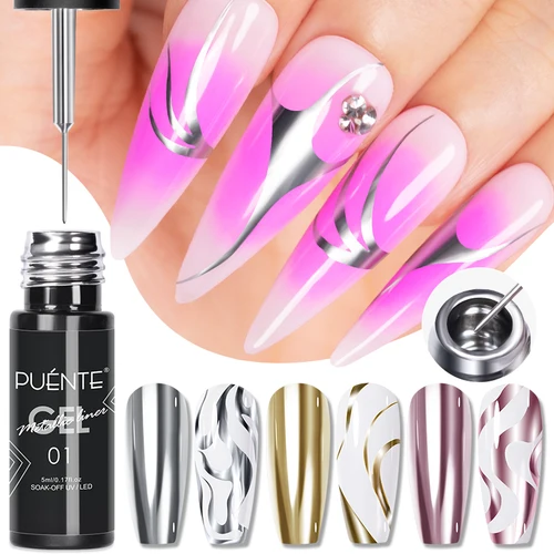Imagen 2 del producto PUENTE-esmalte de Gel con delineador de pintura metálica, 5ml, efecto espejo brillante, barniz de uñas UV semipermanente para impresionante arte de uñas francés