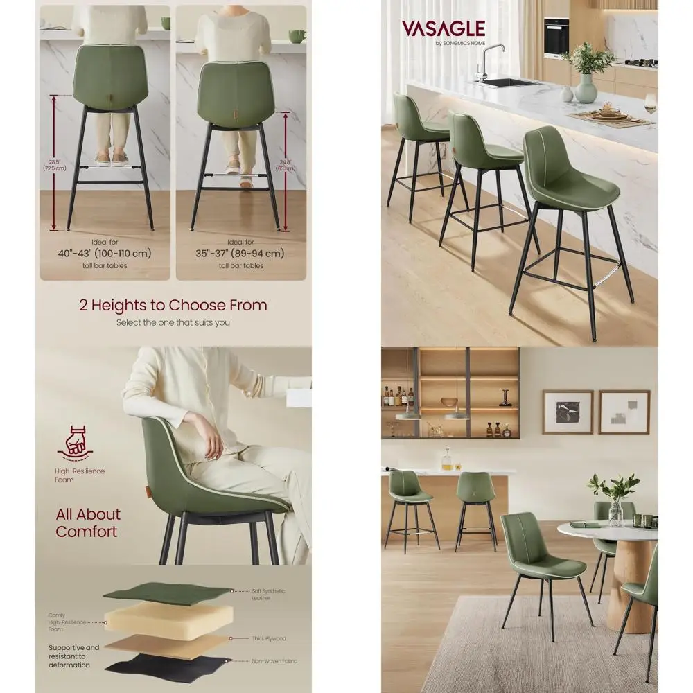 

Set of 2 Counter Height Bar Stools with Backrest, Ergonomic Design, Synthetic Leather, Metal Legs, 24.8-Inch Tall, Easy Assembly
