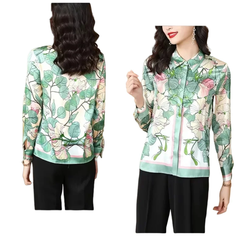 Satin Women Shirt Long Sleeve Blouses Floral Print Summer Turn-down Collar Soft Comfortable New Korean Fashion Casual Loose Tops