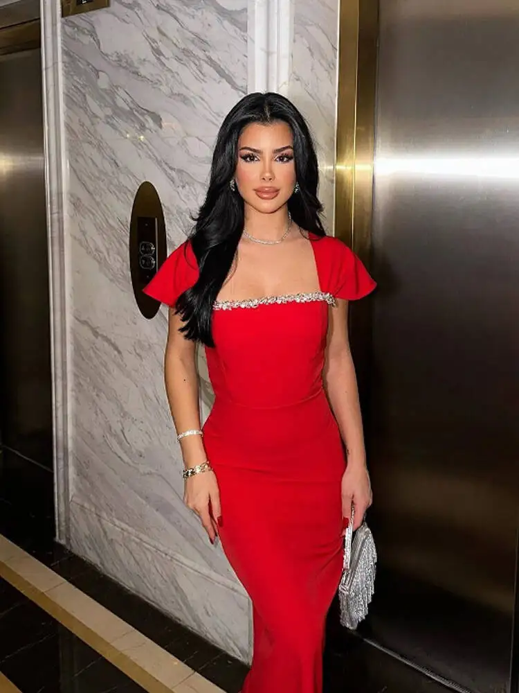 Nuevo vestido Bandage de diamantes con cuello cuadrado y manga corta para mujer, vestido largo hasta el suelo, vestido Maxi de fiesta de celebridades a la moda