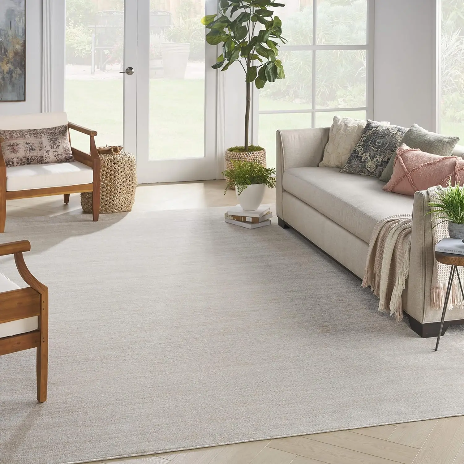 Indoor/Outdoor Ivory Beige 12' x 15' Area-Rug, Easy-Cleaning, Non Shedding, Bed Room, Living Room, Dining Room, Backyard