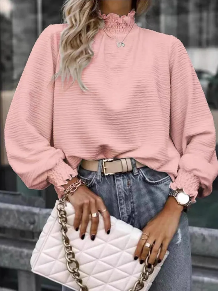 

Foreign Style Lace Splicing Trim Top For Woman Spring Fashion Highneck Long Sleeves Shirt Autumn Lady Simple Style Loose Blouses