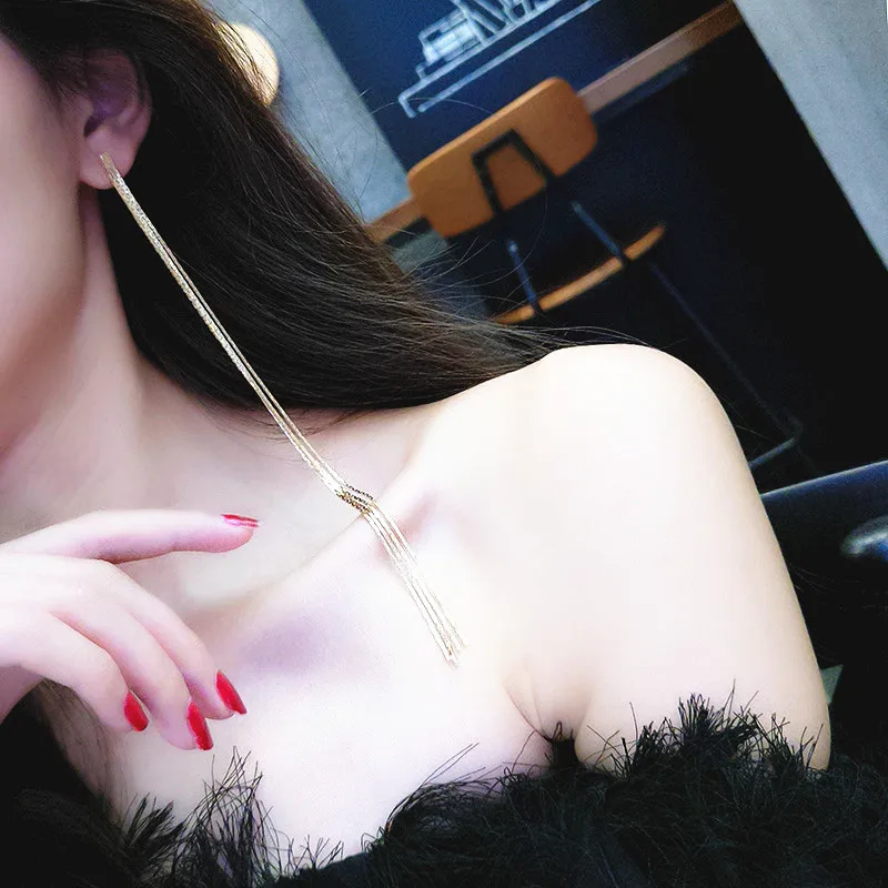 Korean Minimalist Style Ear Jewelry Accessories All Match Long Earrings Female Temperament Metal Long Chain Tassel Earrings