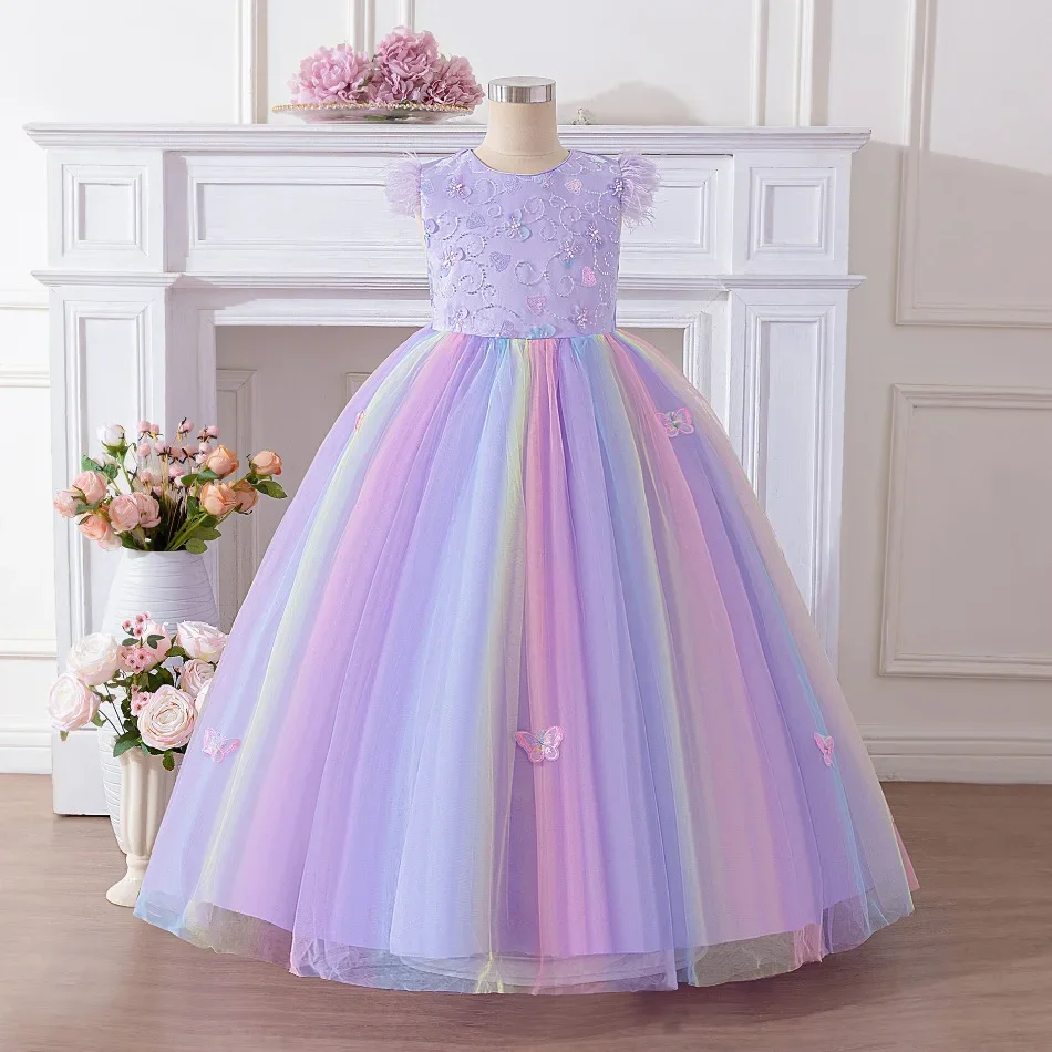 Langes Kleid mit lila Schmetterlingen für Mädchen, Blumenmuster, geeignet für Abschlussball, Teenager-Mädchen, Geburtstagsfeier, Klavierkonzert, Hochzeit, ASQ03