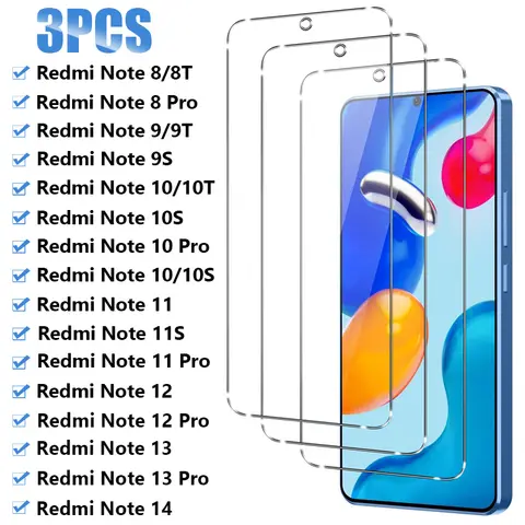 3PCS Tempered Glass For Xiaomi Redmi Note 10 9 8 Pro 10S 9S 10T 8T Screen Protector For Redmi Note 11 12 13 14 15 Pro 11S 12S 5G