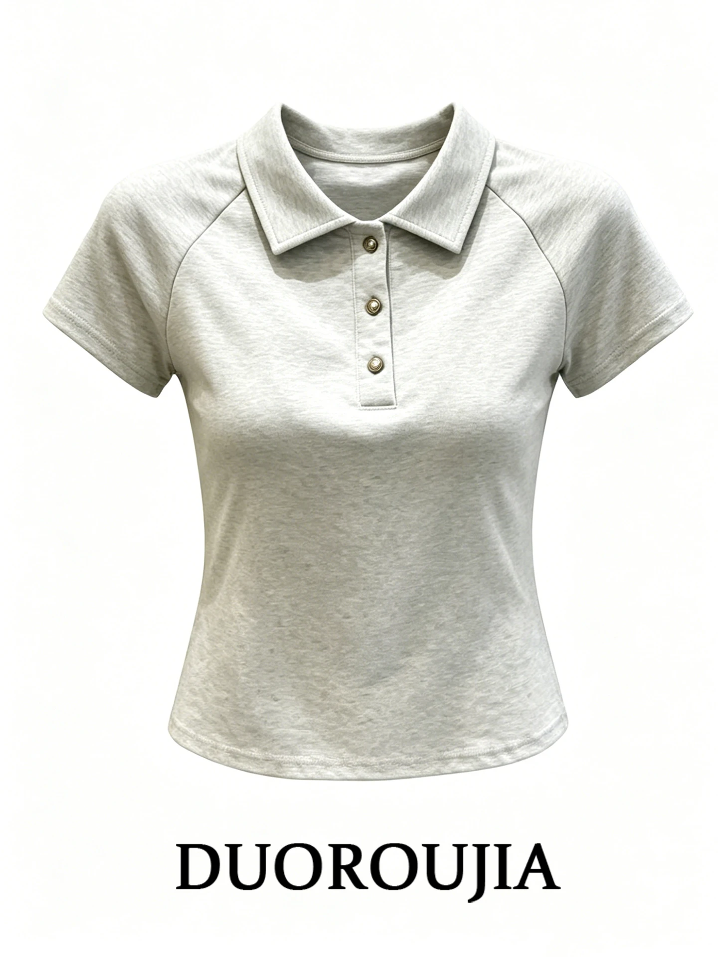 

Slim Fit Short Sleeve T-Shirt Women's Grey Simple Style Casual Turn-down Collar Half Open Ladies' Summer plus Size Top Trendy