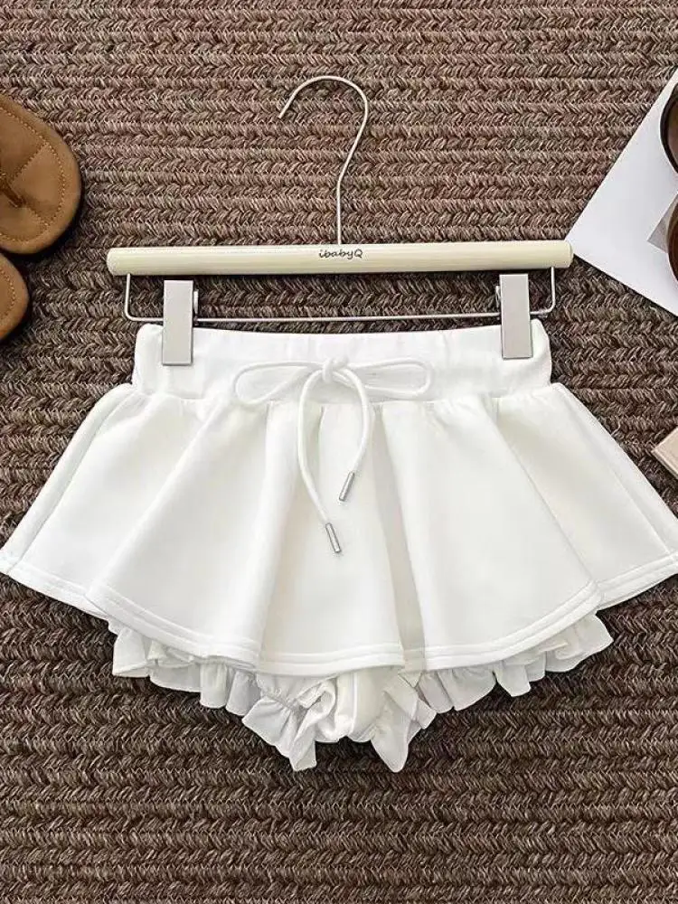 

New Women Black White Drawstring Lace-up Mini Skirt Summer Vintage Grey High Waist Ruffles Pleated Short Skirt Fashion Versatile