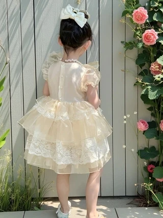 Little Girls Puff Sleeve Lolita Dress Kids Lace Tiered Tulle Princess Sundress Toddler Wedding Birthday Baptism Party Outfit