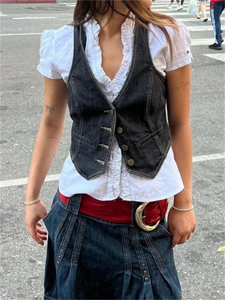 Women Denim Vest Coat Y2K Aesthetic Sleeveless V Neck Button Down Crop Top Summer 2000s Gothic Grunge Kawaii Tank Top Streetwear