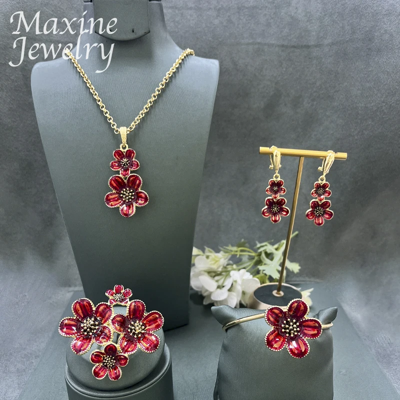 Red Flower Original Italian 18K Gold Plated Jewelry Set for Women Necklace Earrings Bracelet Ring Bridal Wedding Party Gifts