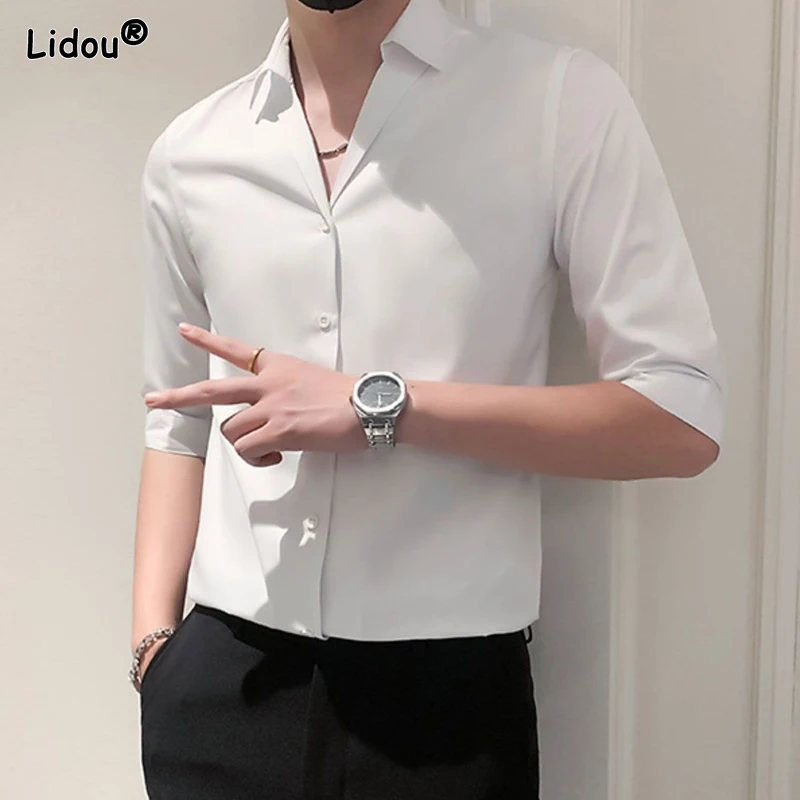 Thin Spring Summer Elbow Sleeve Turn-down Collar Button Man Temperament Business Casual Shirts Fashion Formal Men's Clothing