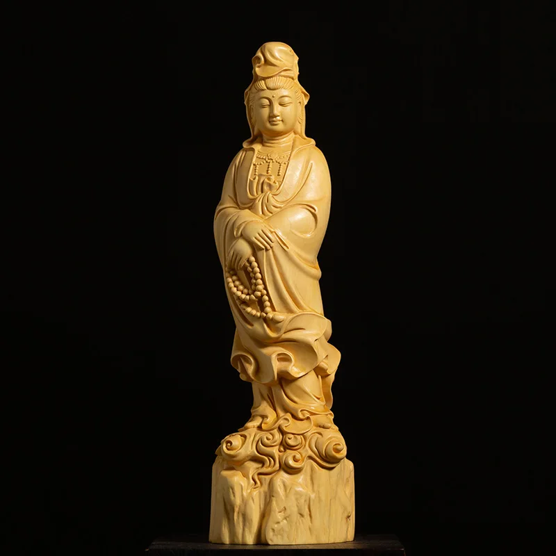 Boxwood 22cm Guanyin Sculpture Wood Buddha Guan Yin Statue Worship Feng Shui Home Decor