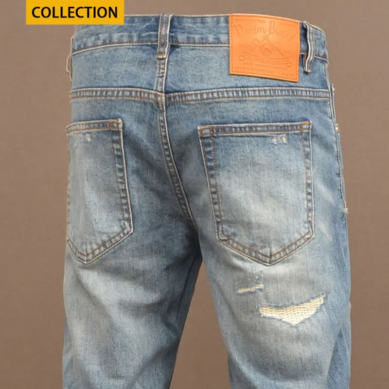 

Newly Designer Fashion Men Jeans Retro Blue Stretch Slim Fit Patched Ripped Jeans Men Y2K Vintage Casual Denim Pants Hombre