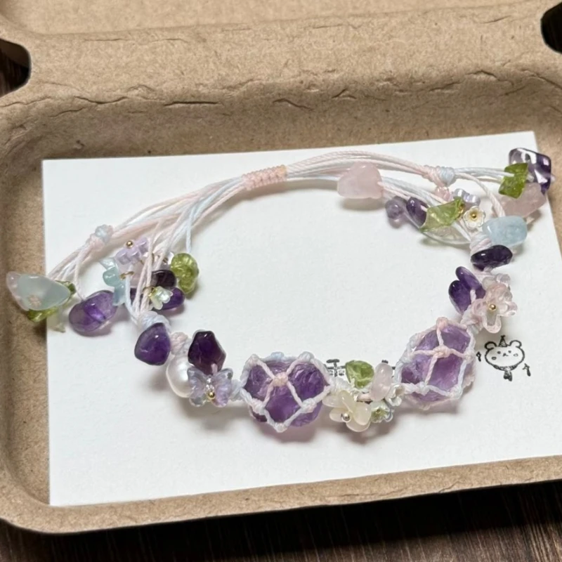 Fashionable Adjustable Purple Crystal Bracelets Hand-woven Mesh Bag Hand Rope Wreath Girl Festival Party Gift