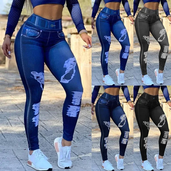 Women Plus Size High Waist Imitation Denim Leggings Elastic Fitness Yoga Sports Pants