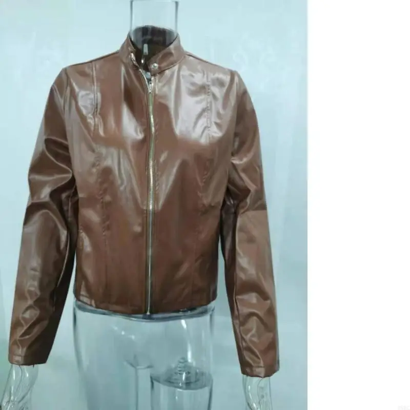 39BC Womens Faux Leather Jackets Cropped PU Motorcycle Stand Collar Biker Bomber Coats Fall Outfits Y2k Tops