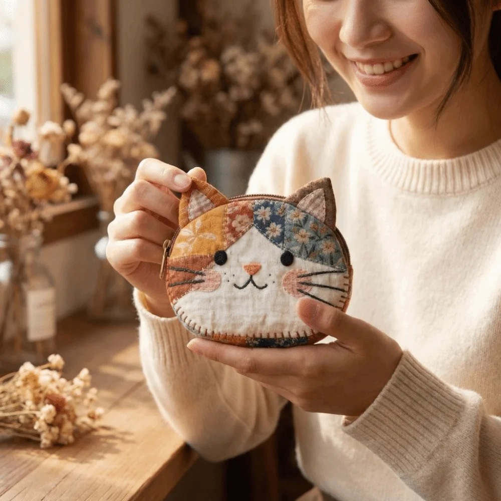 Portable Patchwork Coin Purse Small Size Zipper Design Cat Storage Case Cute Pattern Large Capacity Stationery Pouch Gift Giving