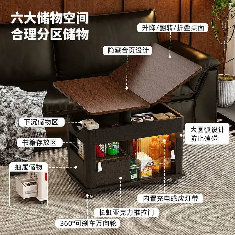 Lifting coffee table mobile folding small apartment solid wood medieval trolley tea table edge sofa side cabinet